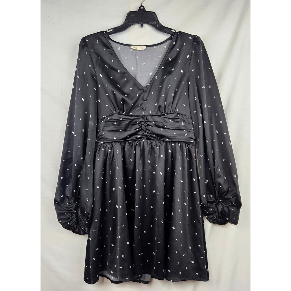Promesa Blk Diamond Print Satin V-Neck Empire Waist Lantern Sleeve Dress M